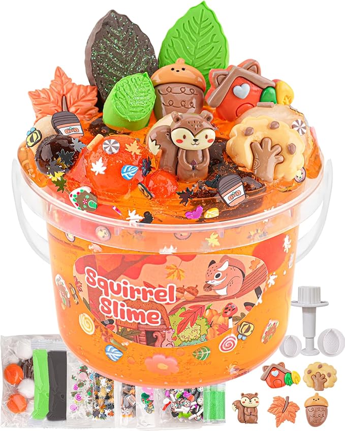 Squirrel Orange Slime Kit, Clear Slime Bucket with Clay, 10 Packs of Add-ins, Slimes Party Favors for Kids, Sensory Toys Experience DIY Slimes Kit, Birthday Easter Hallowmas Gift for Girls & Boys