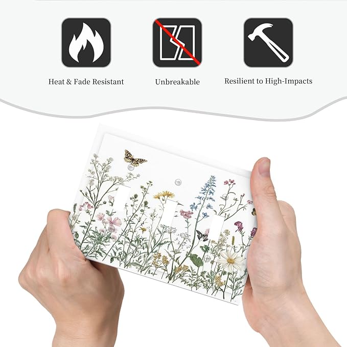 Decorative Switch Plates Rustic Wildflowers Butterfly Colorful Floral 3 Gang Wall Plate Triple Toggle Light Switch Cover Faceplate Electrical Wall Panels For Bed Room Living Room Decor