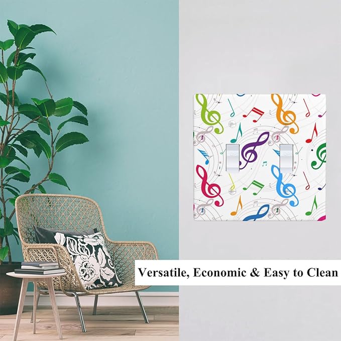 Colored Music Notes Double Toggle Light Switch Cover, Music Theme Artistic 2-Gang Wall Plate for Music Room Studio Home Bedroom Decor
