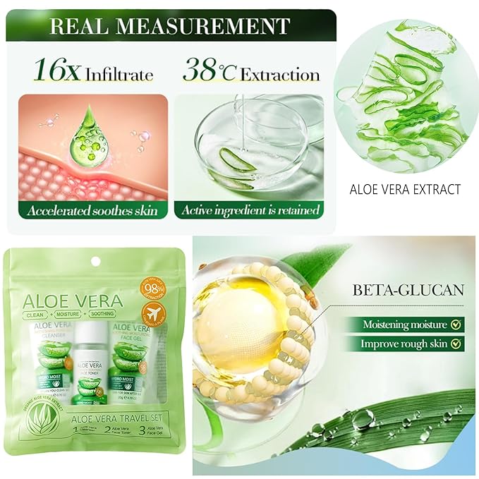 Aloe Vera Skin Care Travel Kit,3 Piece Skincare Essentials Set Mini Travel Size,Soothing and Hydrating After Sun,for Women and Teenage Girls- Travel Essentials Gift Set