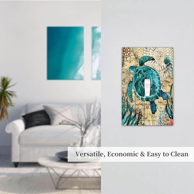 Decorative 1 Gang Single Toggle Light Switch Wall Plate Cover Nautical Ocean Beach Turquoise Teal Sea Turtle World Map Tortoise Mid Size Device Electrical Outlet Cover Receptacle Plug Face Plate