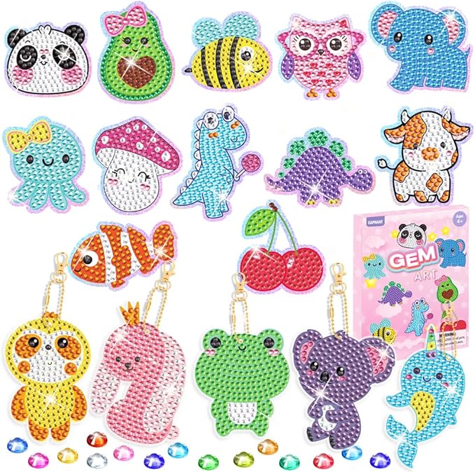 EAPHANT Diamond Art Kits for Kids, Gem Keychains and Stickers Painting Gifts for Girls Ages 4-8 8-12, Arts and Crafts Toys for Kids with 17 Designs