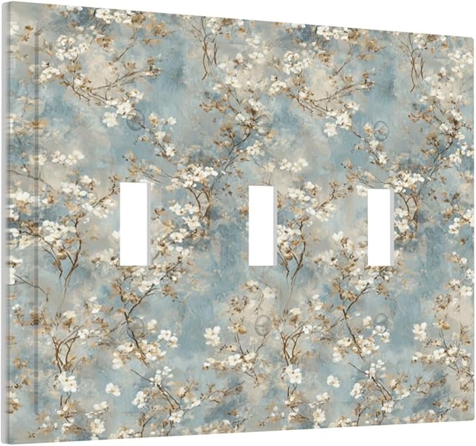 Decorative Light Switch Cover Plate Rustic Blue White Plum Blossom Flower 3 Gang Wall Plates for Electrical Triple Toggle Switch Plate Covers Outlet Covers Faceplate for Bedroom Decor