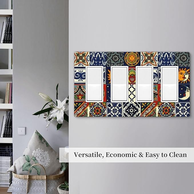Boho Moroccan Mandala Mexican Tiles 4 Gang Quad Rocker Light Switch Cover Decorative Quadruple Device GFCI/Decorator Wall Plate Electric Faceplate Screwless