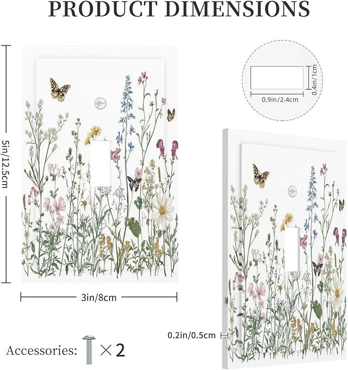 Decorative Light Switch Cover Rustic Wildflowers Butterfly Colorful Floral 1 Gang Single Toggle Device Electrical Faceplate Switchplates Decorator Outlet Wall Plate For Bed Room Home