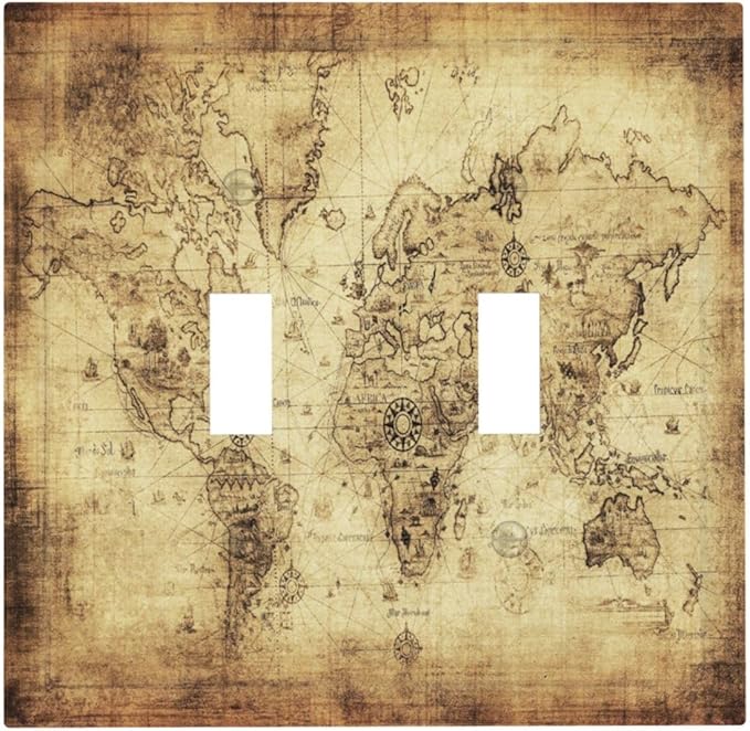 Old World Ocean Map 2 Gang Double Toggle Light Switch Cover Electric Wall Plate Electrical Faceplate for Bathroom Home Living Room Jumbo Size Decor