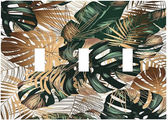 Green Tropical Leaves Gold Palm Leaf Botanical 3 Gang Light Switch Covers Decorative Unique Triple Toggle Wall Plate Electrical Faceplate Switchplate for Kitchen Bathroom Bedroom Home Decor