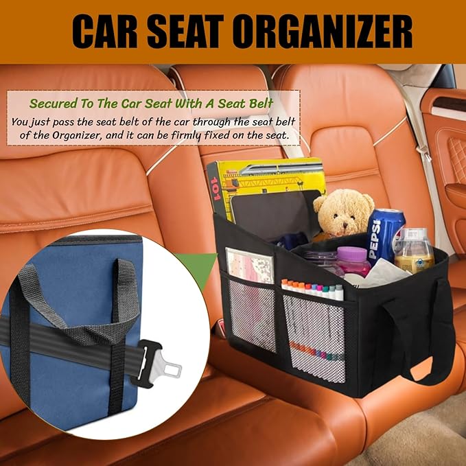 BLIRITEL Car Seat Organizer for Front & Back Seat, Passenger Seat Organizer, Small Car Seat Storage Caddy for kids & Adult with Divide, Handles and Multiple Mesh Pockets (Blue)