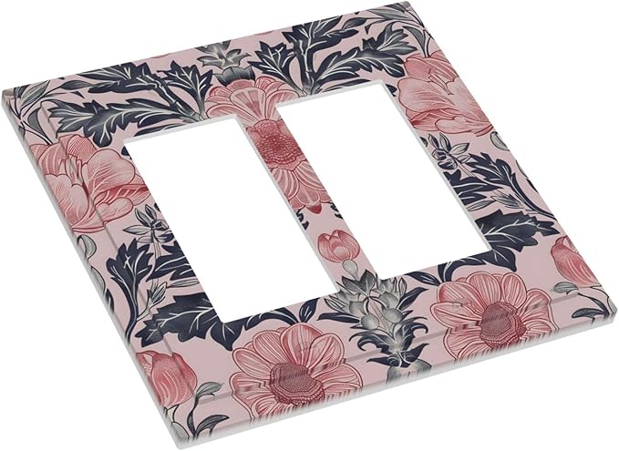 Pink Floral Vintage Botanical Boho Flower Decorative Outlet Covers 2 Gang Double GFCI Rocker Electrical Wall Panels Light Switch Cover Plate for Farmhouse Home Decor