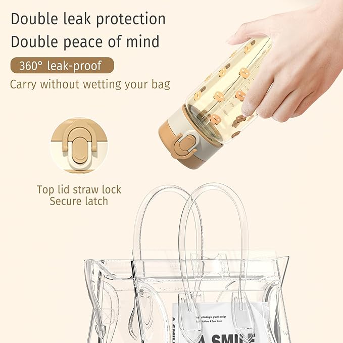 Evorie Tritan Kids Water Bottle with Straw, 13oz BPA-Free Leak Proof Drinking Bottle for School & Travel, Clear Water Bottle with Carry Strap, Dishwasher Safe, for Kids Ages 3+ (Honey Bear)