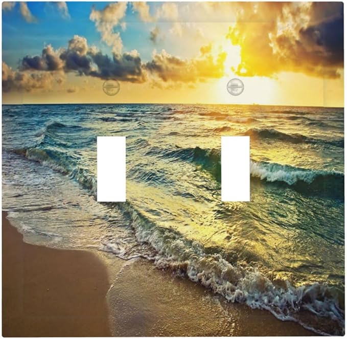 2 Gang Double Toggle Light Switch Cover Sea Ocean Beach Sun Wave Sunrise Sunset Seaside Coastal Electrical Mid Size Switch Face Wall Plate Tropical Hawaii Scenery Electrical Socket Plate Outlet Covers
