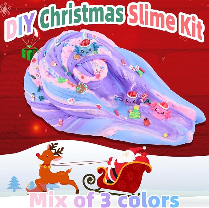 3 Pack Christmas Butter Slime Kit, Scented Axolotl Slime with Pink, Blue, Purple Axolotl Charms, Soft, Non-Sticky, Goodies Bag Toy for Christmas Party Favors