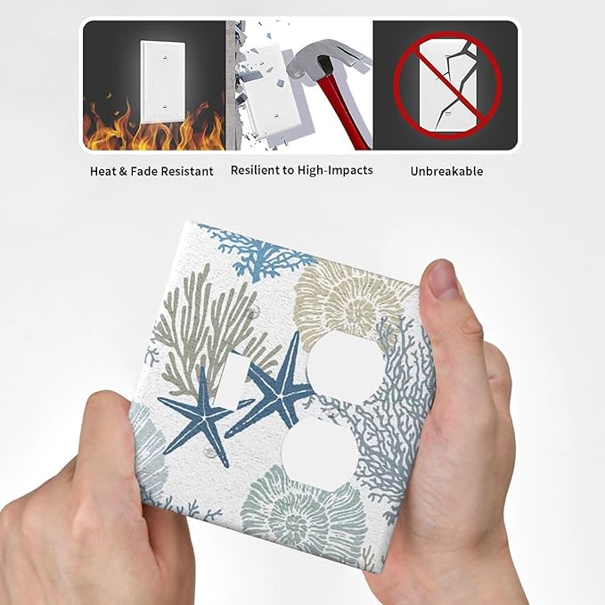 Teal Blue Ocean Nautical Beach Coral Coastal Starfish Light Switch Cover 2 Gang Combination Wall Plate 1 Toggle 1 Receptacle Duplex Switch Plate Underwater Seashell Conch Combo Device Outlet Cover