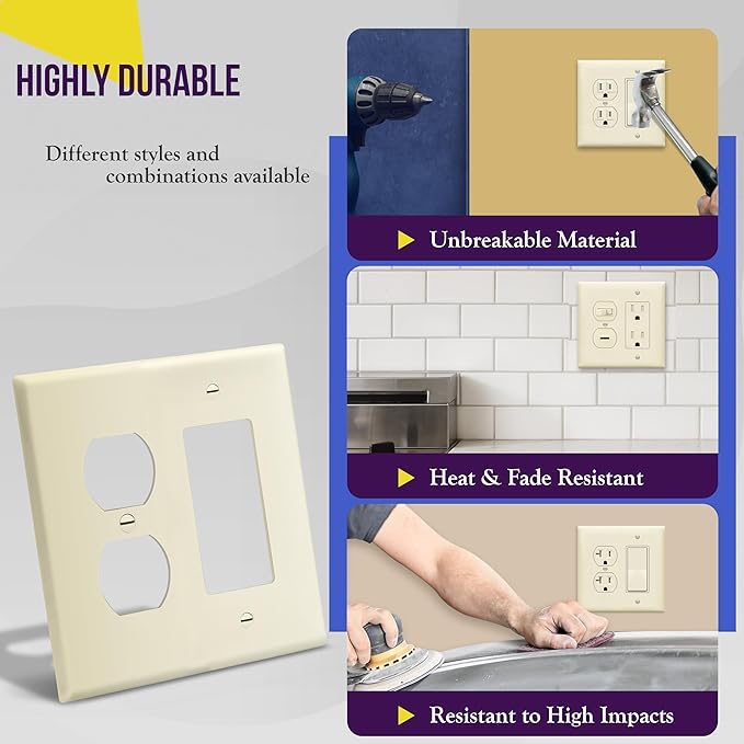ENERLITES Combination Duplex Receptacle Outlet/Decorator Switch Wall Plate, Mid-Size 2-Gang 4.88" x 4.92", Polycarbonate Thermoplastic, 882131M-LA, Light Almond