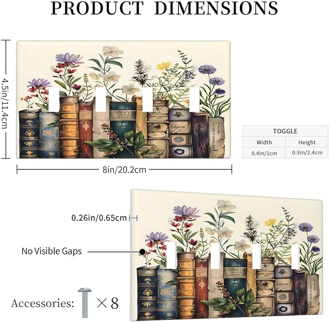 Plant Floral Books Colorful Flower Light Switch Covers Quad Toggle Electrical Faceplate 4 Gang Wall Plate Decorative Switch Plates Cover for Kids Room Bedroom Decor