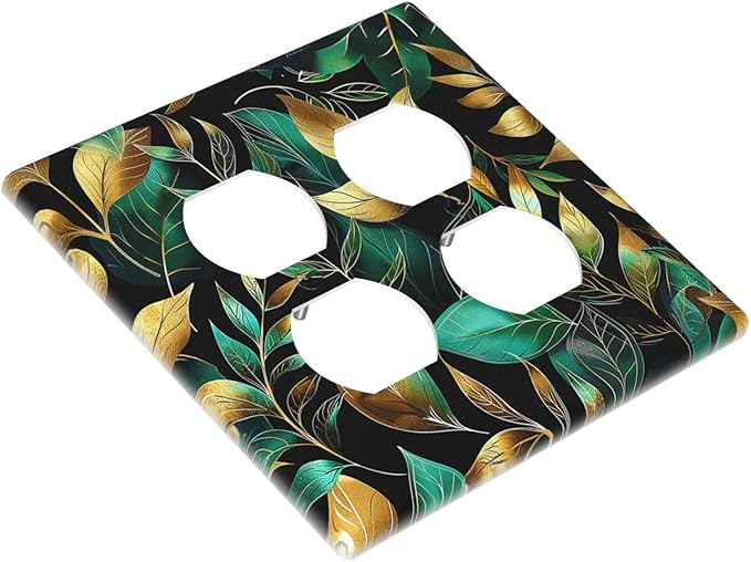 Outlet Covers Vintage Dark Green Vine Leaf Golden Plants 2 Gang Double Duplex Decorative Light Switch Covers Electrical Wallplates Socket Faceplate for Bed Room Cabin Decor