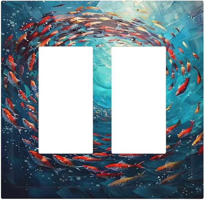 Ocean Fish School Of Fish Vortex Deep Sea Decorative Outlet Covers 2 Gang Double GFCI Rocker Electrical Wall Panels Light Switch Cover Plate for Kids Room Bedroom Decor
