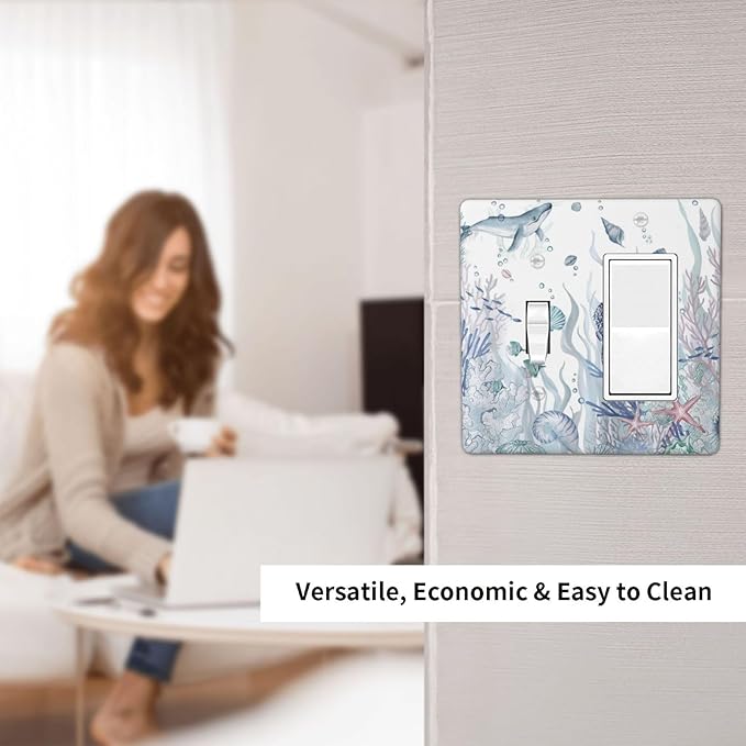 Ocean Themed Coral Seahorse Seashell Starfish Beach Outlet Covers 1 Toggle 1 Rocker Combination Decorative Wall Plate Electrical Switch Plates Light Switch Cover Plate for Bathroom Home Decor