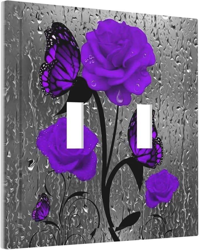 Purple Rose Romantic Flowers 2 Gang Double Toggle Light Switch Cover Rose Floral Decorative Wall Plate Faceplate For Girls Ms Purple Rose Butterfly Bathroom Home Living Room Decor 5" x 4.9
