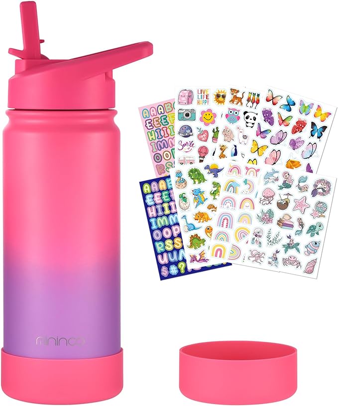 Mininoo Girls Water Bottle for School, 16oz Stainless Steel Insulated Metal Water Bottle with Straw Lid for Boys (Punch/Purple)