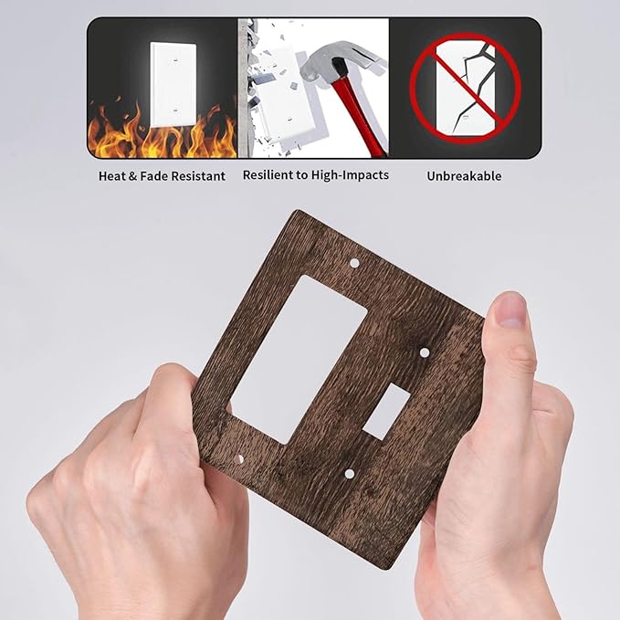 Light Switch Cover Plate Rustic Brown Wood Plank Retro Wooden Board 2 Gang Toggle Rocker Combo Wall Plates Decorative Switch Plates and Outlet Covers Socket Cover for Farmhouse Home Decor