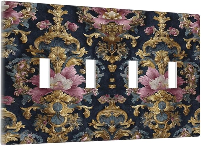 Decorative Light Switch Cover Plate Rococo Pink Floral Flower Gold Leaf 4 Gang Wall Plates for Electrical Outlets Quad Toggle Switch Plate Covers Outlet Covers Faceplate for Home Decor