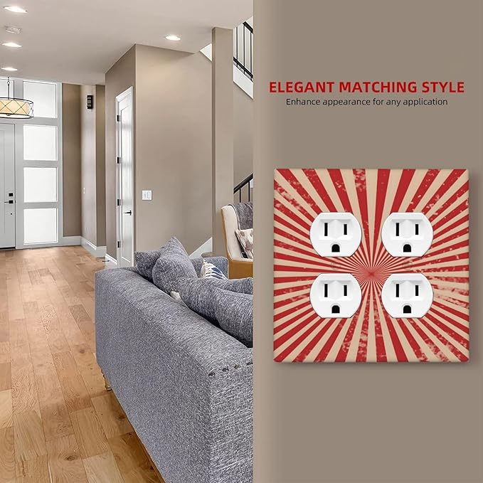 Retro Circus Sparkling Red White Lines Mid Century Outlet Covers 2 Gang Double Duplex Decorative Light Switch Covers Electrical Wallplates Socket Faceplate for Farmhouse Home Decor