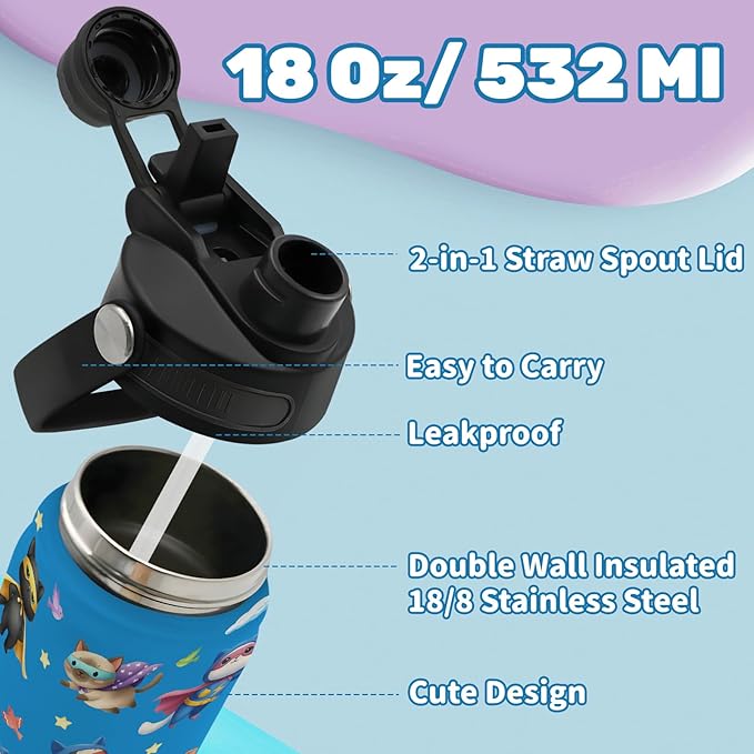 Insulated Water Bottle 18oz, Cats Gifts Water Bottle with 2-in-1 Straw and Spout Lid, Blue Cats Cup Leakproof, Cat Cup Coffee Travel Mug for Cat Lovers, Birthday Gift Ideal for Boys Girls