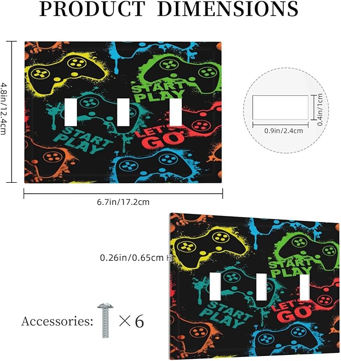 Gaming Hippie Gamer Modern Gamepad Colorful Graffiti Decorative Switch Plates 3 Gang Wall Plate Triple Toggle Light Switch Cover Faceplate Electrical Wall Panels for Kids Room Nursery Decor