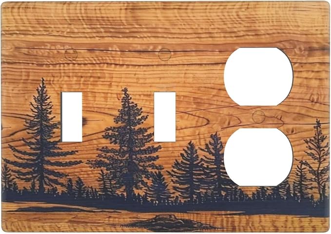 Country Forest Pine Tree Woodland Woods 3-Gang 2-Toggle 1-Duplex Device Combination Wall Plate, Retro Vintage Wood Wooden Three Gang Combo Two Toggle/One Duplex Receptacle Outlet Light Switch Cover