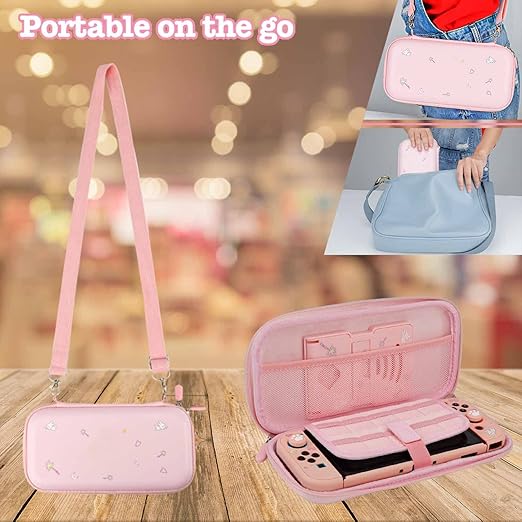 GUTIAL Accessories Bundle for Nintendo Switch OLED - Pink Girly Accessories Kit for Nintendo Switch Oled Model 2021 with Carry Case Screen Protector Cover Case Stand Cute Thumb Grips for Girls - Pink