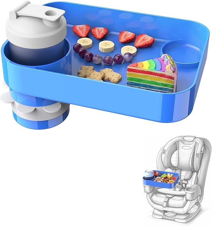 Car Seat Snack Tray for Kids, Mess-Free Square Travel Tray Cup Holder Snack Tray, Durable Car Food Tray for Toddlers, Universal Fit Kids Travel Road Trip Essentials (blue)