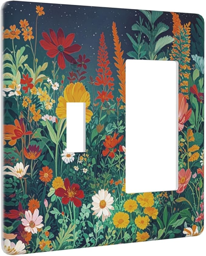 Decorative Toggle Switch Cover Plate with Wildflowers & Stars Botanical Floral Art Design 2-Gang 1-Gang Standard Wall Plate Light Switch Cover for Garden Theme Wall Decor