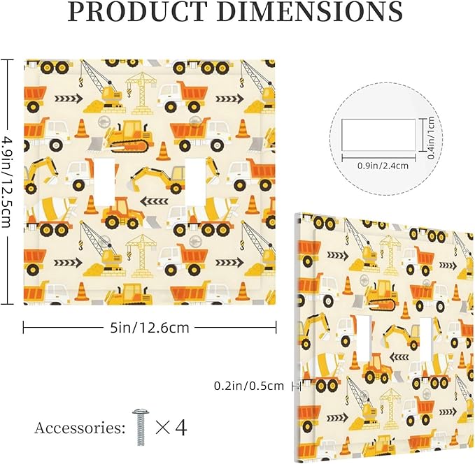 Decorative Light Switch Cover Plate Construction Vehicle Yellow Trucks Diggers 2 Gang Outlet Covers Double Toggle Wall Plates for Electrical Switch Plate Covers Faceplate for Home Decor