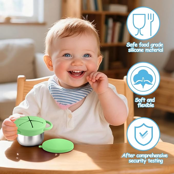 Mity rain Stainless Steel Snack Containers for Toddlers with Spill-Proof Silicone Lids Handles - 3-in-1 Baby Snack Cups, No-Spill Toddler Snack Box (Deep Blue+Deep Green, Two piece set)