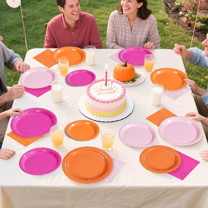 Grencian Pink and Orange Party Decorations Supplies 96Pcs Solid Color Paper Plates and Napkins Neon Disposable Hot Pink Orange Tableware for Sunset Birthday Party Graduation Decorations 2026 Serve 24