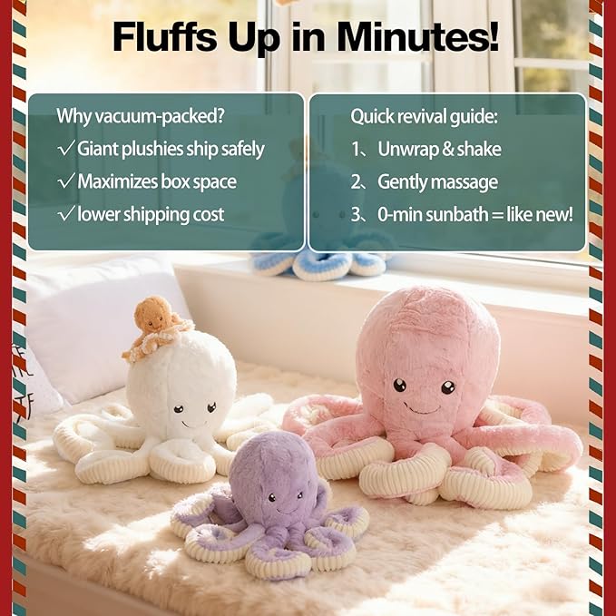 DENTRUN Octopus Stuffed Animals, Giant Octopus Plush Doll Play Toys for Kids Girls Boys Adults Birthday Xmas Halloween Present Stuffed Sea Animals Plushie, 7/16/24/32 Inches, 5 Colors