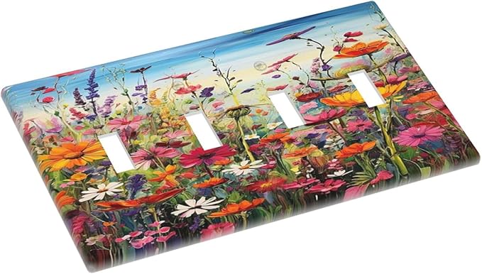 Colorful Wildflowers Painting Floral Flower Light Switch Covers Quad Toggle Electrical Faceplate 4 Gang Wall Plate Decorative Switch Plates Cover for Bedroom Living Room Decor