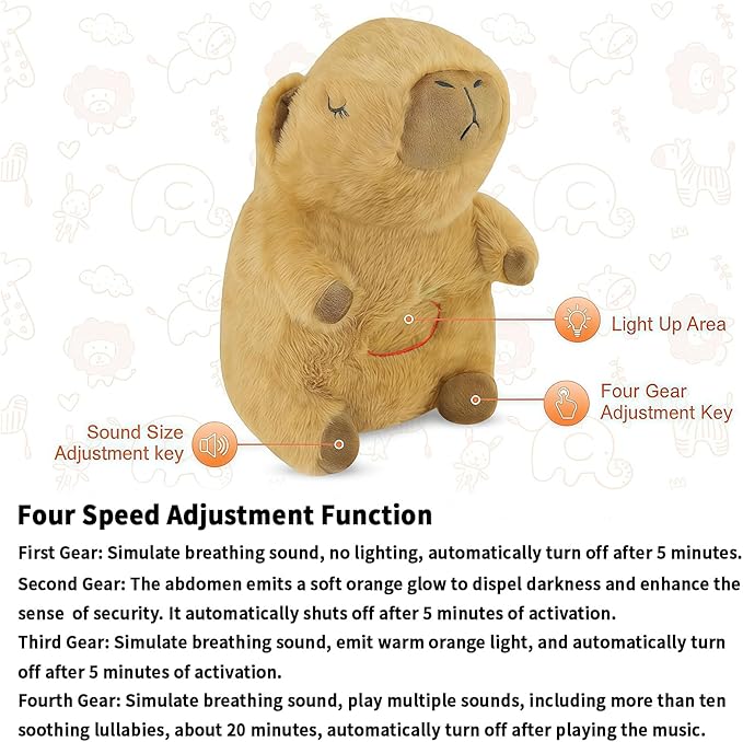 rytopt Breathing Stuffed Animal, Upgraded Version, No Breathing Movement in Its Abdomen, Capybara Breathing Plush, 4 Gear Adjustment, Volume Control, Portable Plush Toy with Music & Lights