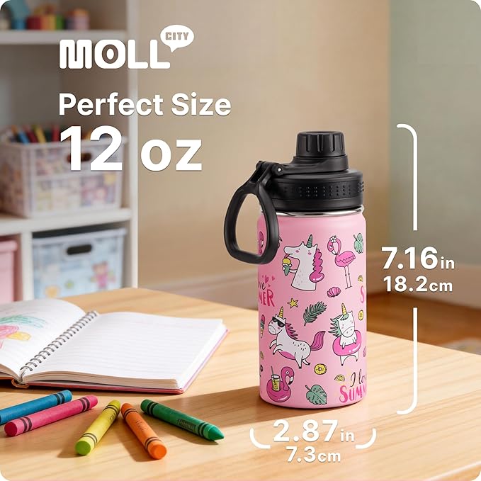 12 oz Water Bottle Stainless Steel Double Wall Vacuum Insulated Water Bottle for Girls, Reusable Metal Water Flask BPA Free - Flamingo Pink