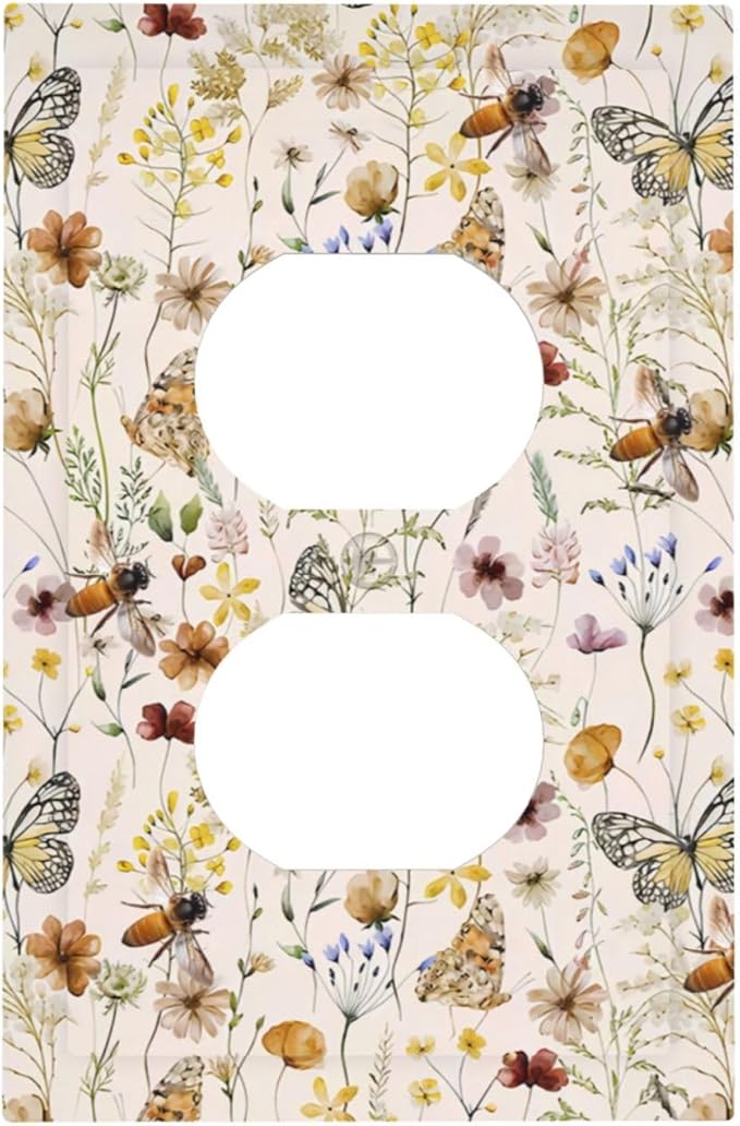Vintage Butterflies 1 Gang Outlet Plate Duplex Decorative Colorful Wildflower Art Outlet Covers Cute Bees Electrical Receptacle Lightswitch Faceplate Beige Flower Leaves Dimmer Decor