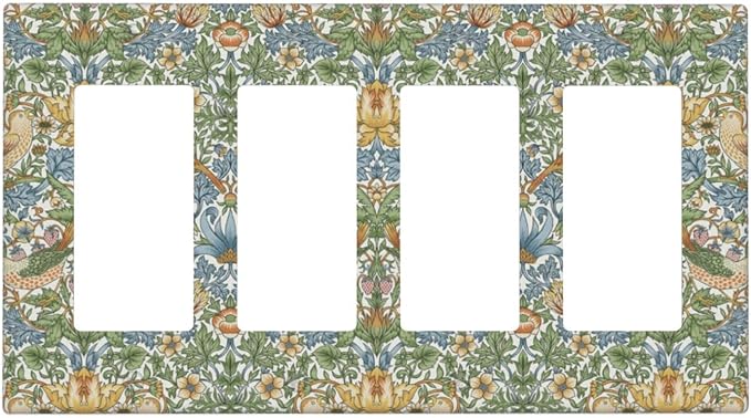 William Morris Strawberry Thrush Birds 4 Gang Light Switch Cover Vintage Floral Flowers Plant Quad Rocker Outlet Covers Switchplates Decorative Electrical Wall Plate for Country Home Decor