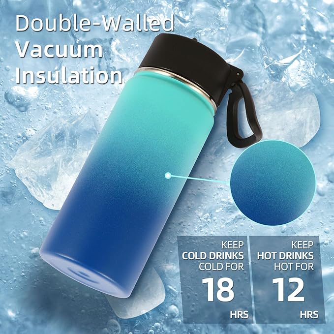 Volhoply Kids Insulated Water Bottle with Straw,16oz Stainless Steel Cold Water Bottles for School,BPA-Free Metal Wide Mouth Cups with Handle,Reusable Double Wall Vacuum Sport Flask(Green Blue,1)