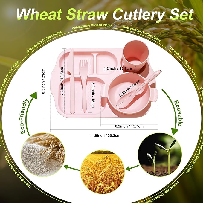 24 Pcs Wheat Straw Dinnerware Cutlery Set for Aldult Including Divided Plates Microwave Dishwasher Safe Bowl Unbreakable Tableware Straw Cutlery Spoon Knife Fork(Pink)