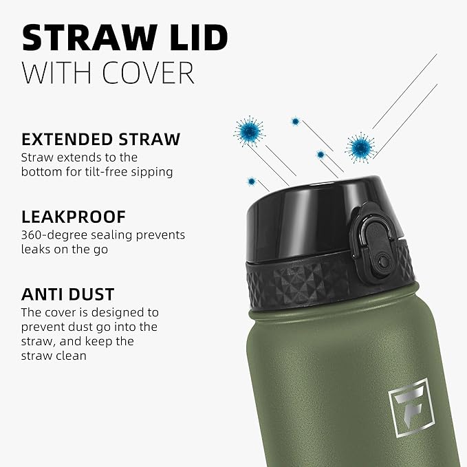Fanhaw 32 oz Insulated Stainless Steel Water Bottle with Straw Lid, Leakproof Sports Bottle for Men, Women & Teens (Olive Green)