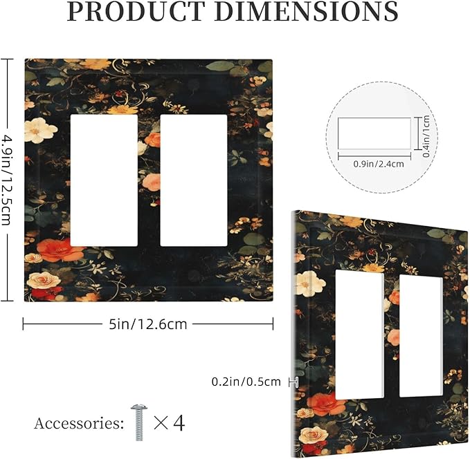 Vintage Orange Pink Black Roses Floral Flower Decorative Outlet Covers 2 Gang Double GFCI Rocker Electrical Wall Panels Light Switch Cover Plate for Farmhouse Bedroom Decor