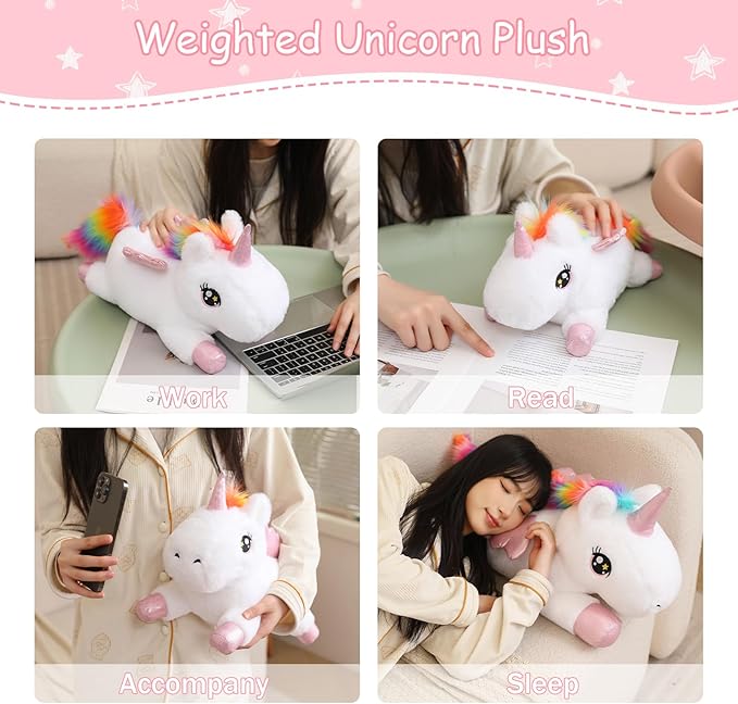 SQEQE Weighted Unicorn Plush, Weighted Unicorn Stuffed Animal, Cute Plushies Soft Pillow Toy Gift for Kids Adults 13.8 Inch, 1.6 Lbs