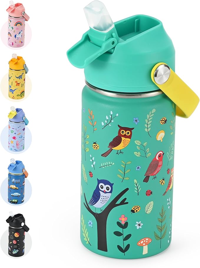 WixByti Kids Water Bottle 14oz with Silicone Straw Lid - Insulated Toddler Water Bottle Stainless Steel Keeps Cold 24H, Leak Proof & Birds Prints Design | Custom Name Tag for School, Daycare, Travel