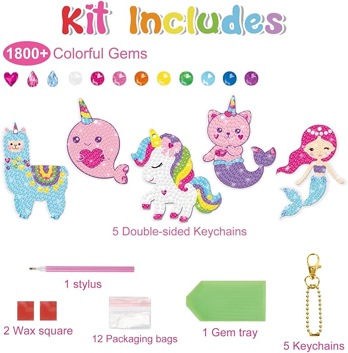 BANBBUR Arts and Crafts for Kids Ages 8-12,5PCS Double Sided Diamond Art Keychains,5D Gem Art for Kids Ages 4-8 Girls Birthday Gifts, BAKY5