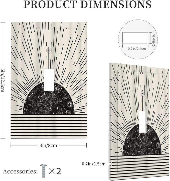 Mid Century Boho Sun Abstract Black Sunrise Horizon 1 Gang Light Switch Covers Single Toggle Wall Plate Decorative Switchcover Electrical Switchplate for Kitchen Bathroom Bedroom Decor